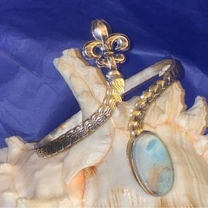 Carribean Larimar + Fleur de Leis Natural Gemstone leaves cuff